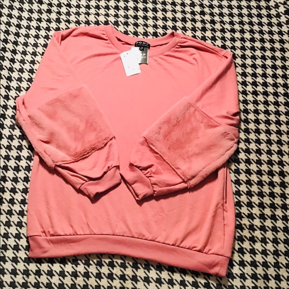 Poof! Tops - Pink Faux Fur Trimmed Pullover